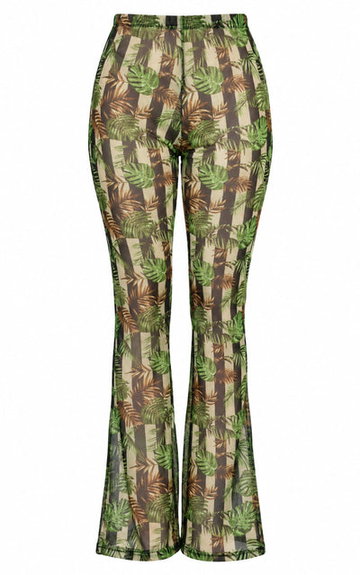 CALÇA FLARE TULE LISTRADO FOLHAS