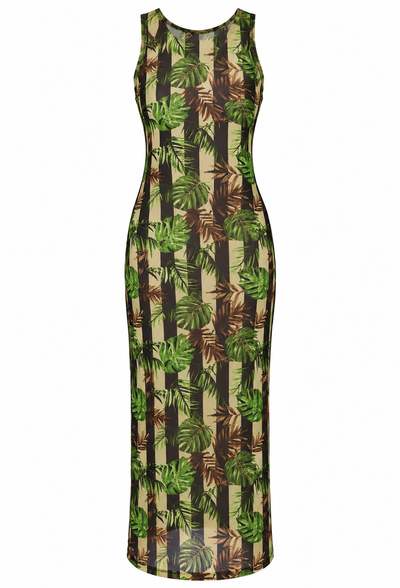 VESTIDO LONGO/ FENDAS LATERAIS TULE LISTRADO FOLHAS