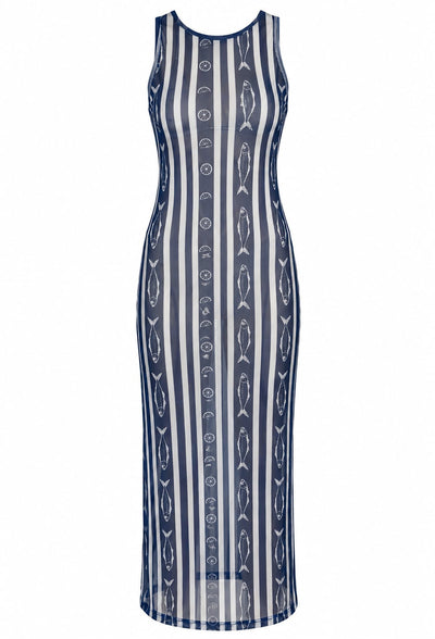 VESTIDO LONGO/ FENDAS LATERAIS TULE SARDINHAS AZUL MARINHO