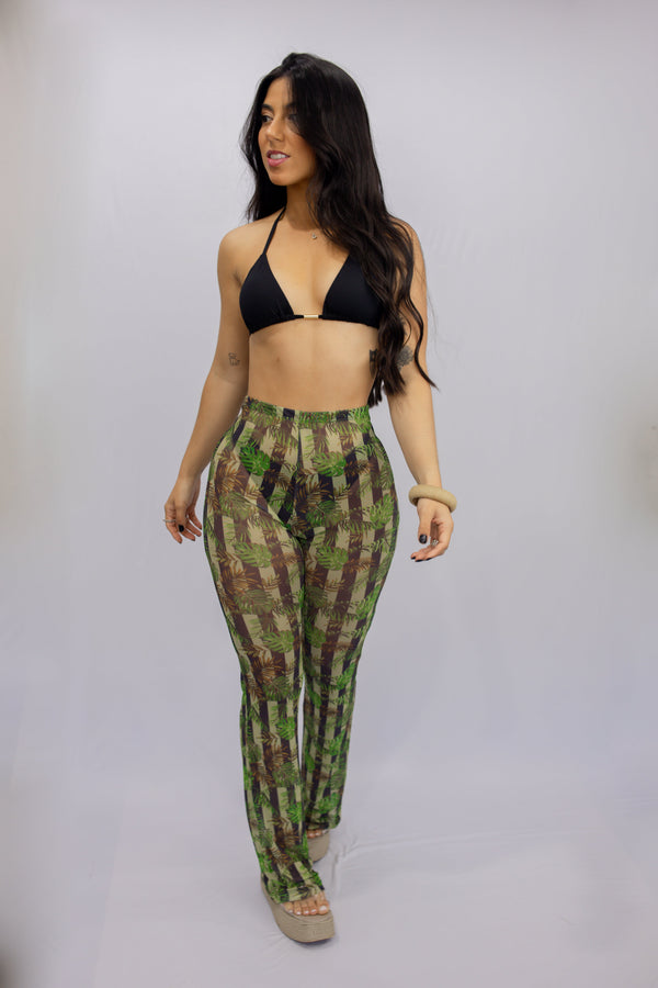 CALÇA FLARE TULE LISTRADO FOLHAS